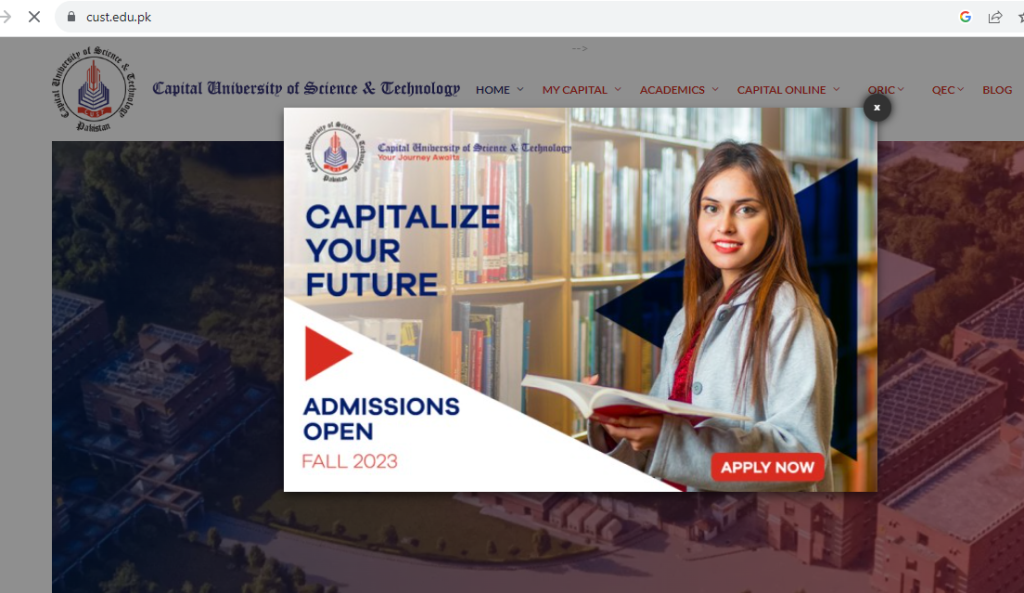 Step 2 of online admission guideline at the capital university Islamabad